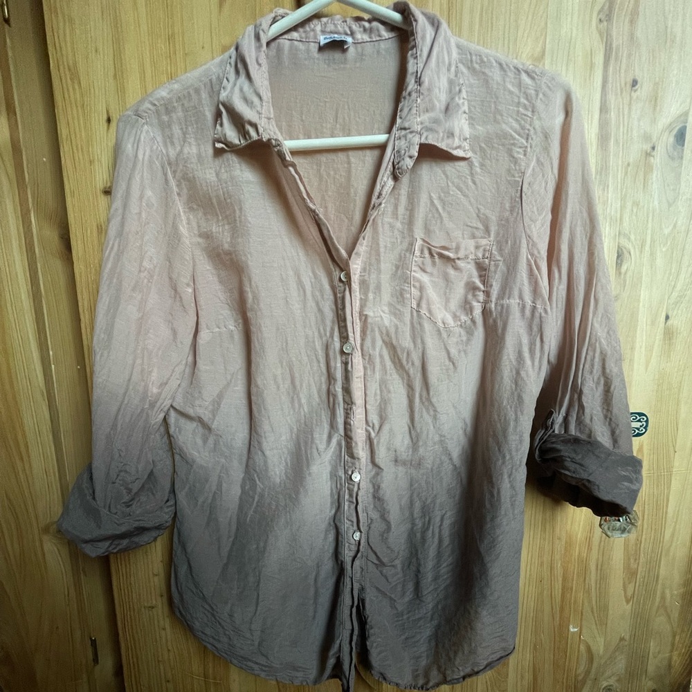SPLENDID Moonlight Ombré Blush to Taupe Silk Cotton Cuff Button Blouse S XS
